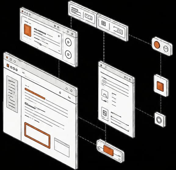 Exploded axonometric drawing of application screens separating into a list view, a detail view and a form, with loose interface components floating between them.